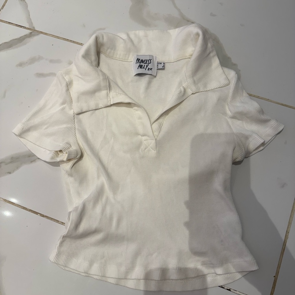 Princess Polly Cream Short Sleeve Polo Top